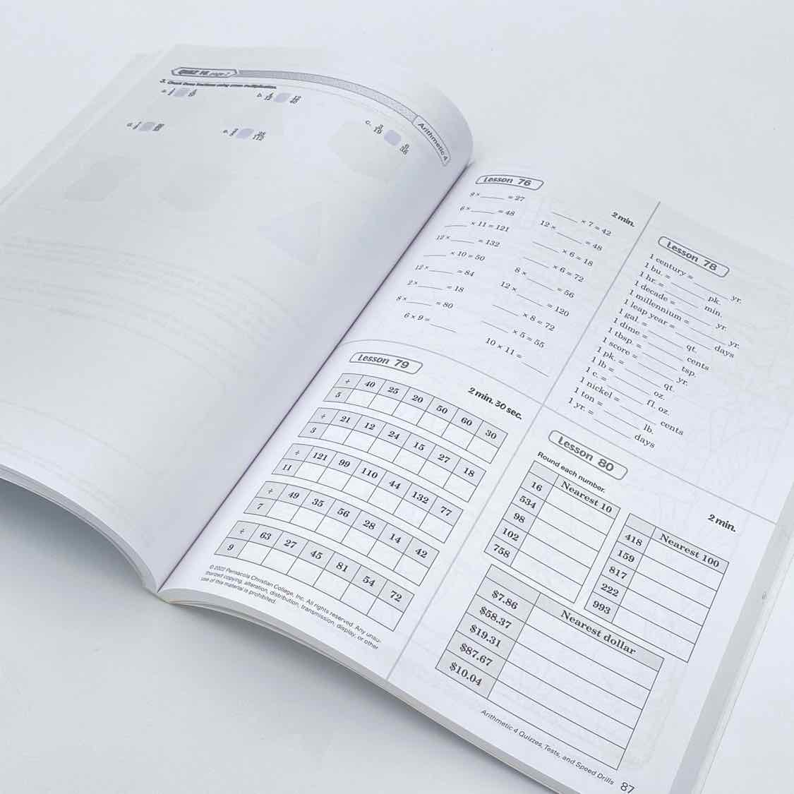 A Beka 4th Grade Arithmetic 4 Quizzes, Tests, and Speed Drills on a white background.