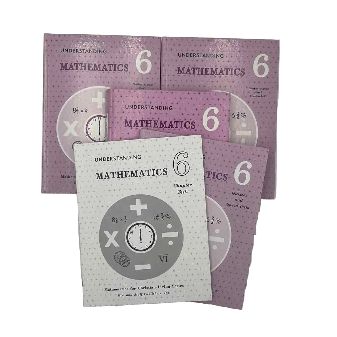 Rod and Staff Understanding Mathematics 6 Textbook, Teacher Bks 1 & 2, Quizzes & Test Booklet (5-pc) on a white background.