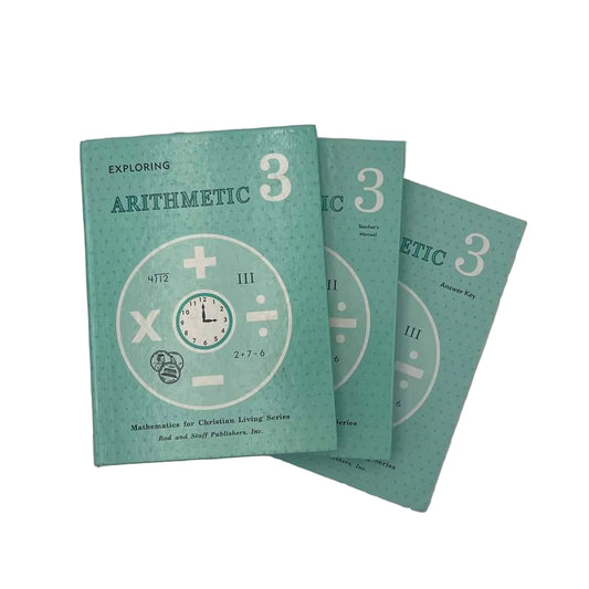Rod and Staff Exploring Arithmetic 3 Teacher's Manual, Student Book & Worksheets Answer Key (3-pc) on a white background.