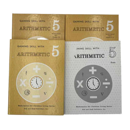 Rod and Staff Gaining Skill w/Arithmetic 5 Textbook, Teacher Bks 1 & 2, & Test Booklet (4-pc) on a white background.