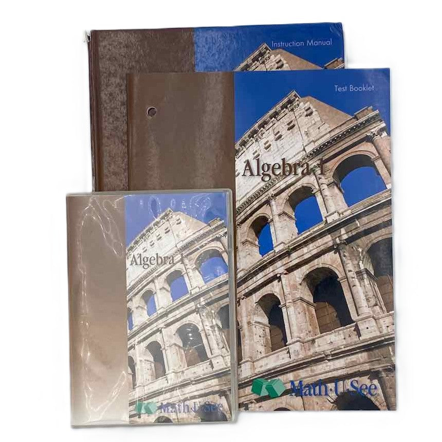 Math-U-See 8th-10th Grade Algebra 1 Legacy Ed. Instruction Manual, DVD, & Test Book Math Curriculum on a white background.