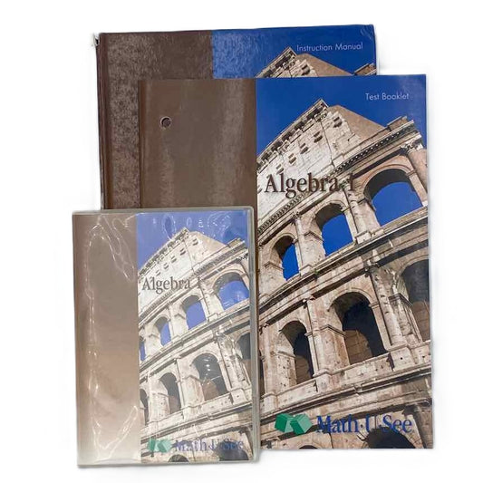 Math-U-See 8th-10th Grade Algebra 1 Legacy Ed. Instruction Manual, DVD, & Test Book Math Curriculum on a white background.