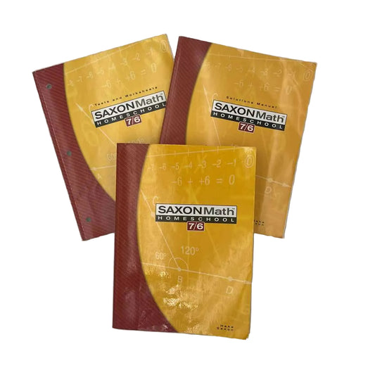 Saxon Math 7/6 Homeschool Student Book, Solutions Manual & Tests/Worksheets (3-pc) on a white background.