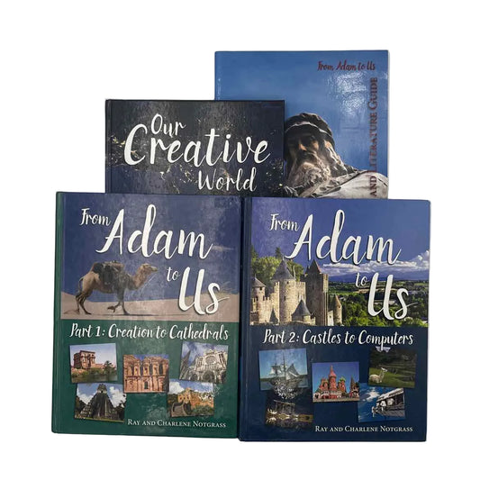 Notgrass From Adam to Us Part 1 & 2, Answer Key & Our Creative World (4-pc) on a white background.