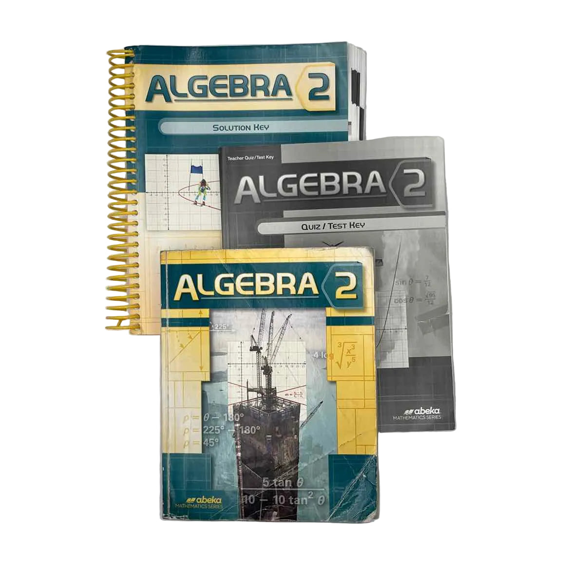 A Beka Algebra 2 Text, Solution Key & Quiz/Test Key on a white background.