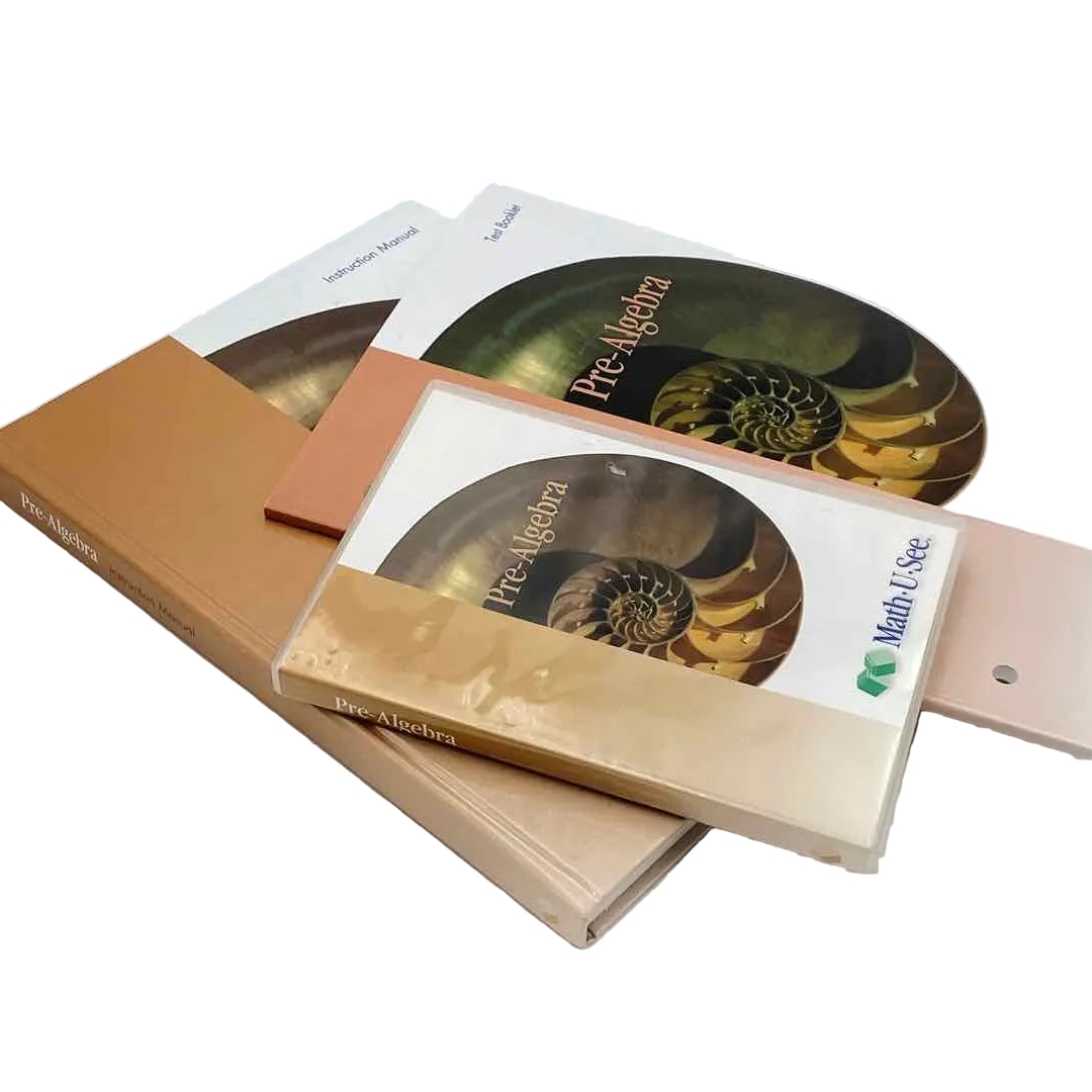 Math-U-See Pre-Algebra Instruction Manual, Test Booklet & DVD Math Curriculum on a white background.