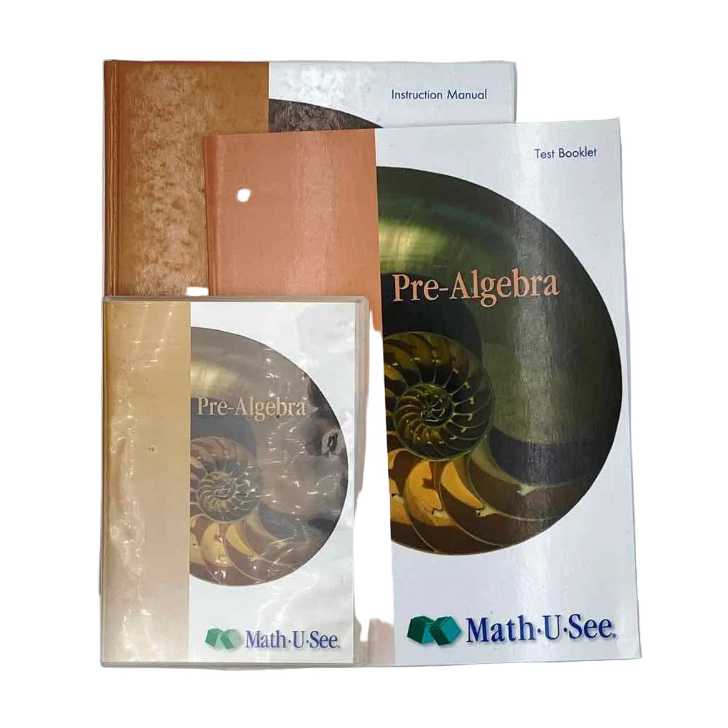 Math-U-See Pre-Algebra Instruction Manual, Test Booklet & DVD Math Curriculum on a white background.