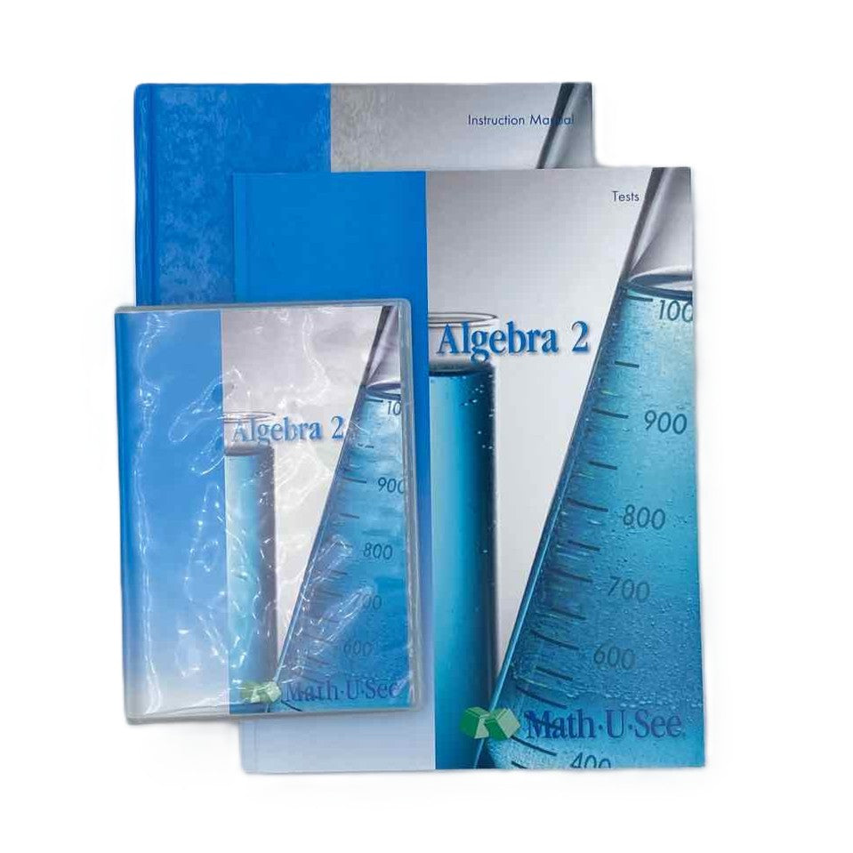 Math-U-See Algebra 2 Instruction Manual, DVDs, & Test Book Steven P. Demme Math Curriculum on a white background.