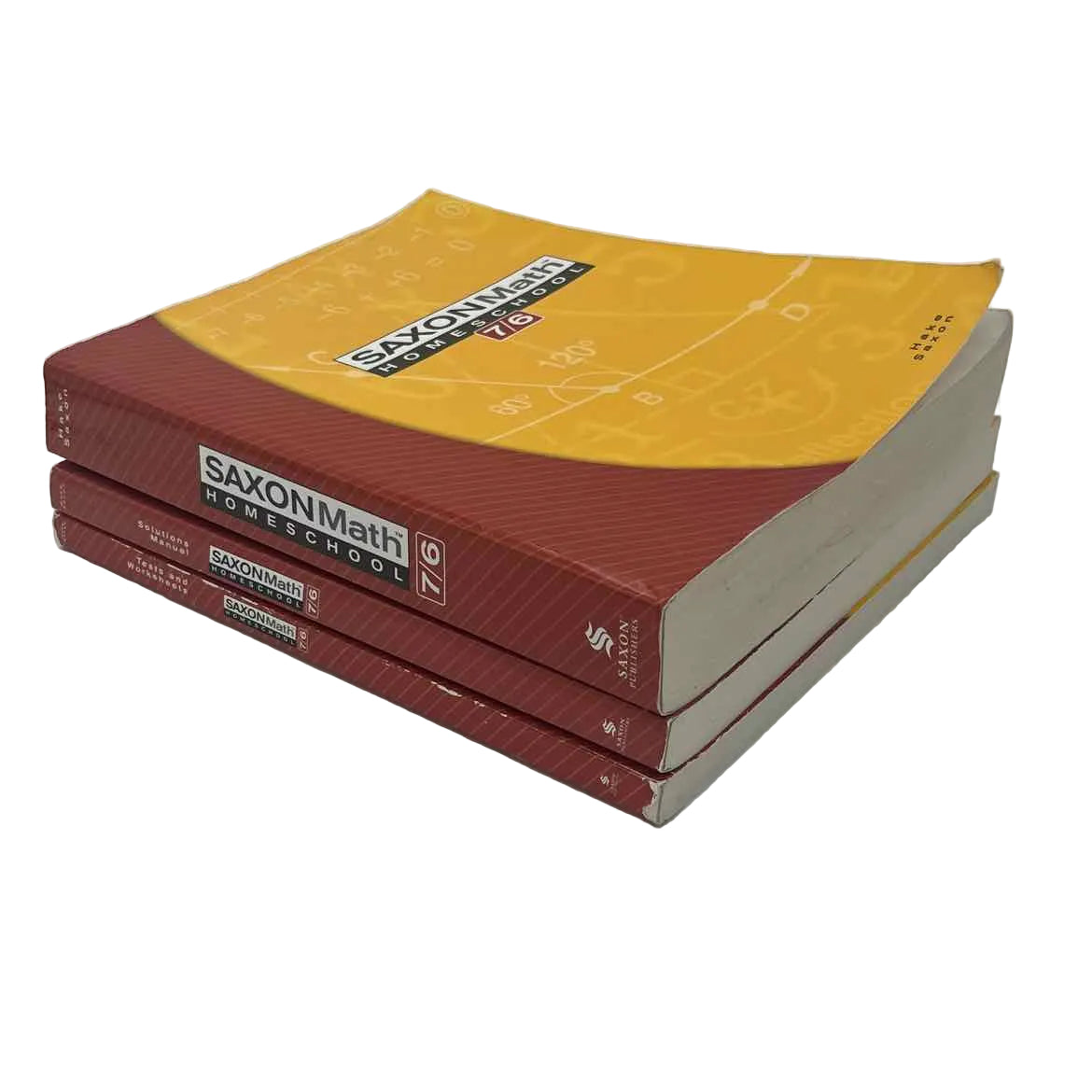 Saxon Math 7/6 Homeschool Student Book, Solutions Manual & Tests/Worksheets (3-pc) on a white background.