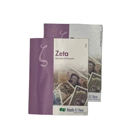Math-U-See Zeta - Decimals & Percents Instruction Manual & Test Book (2-pc) on a white background.